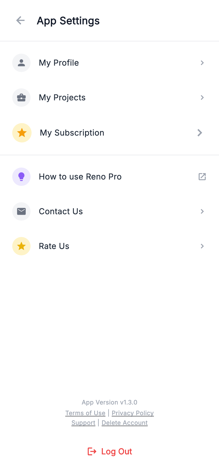App menu: profile, projects, tutorial, contact and reviews.