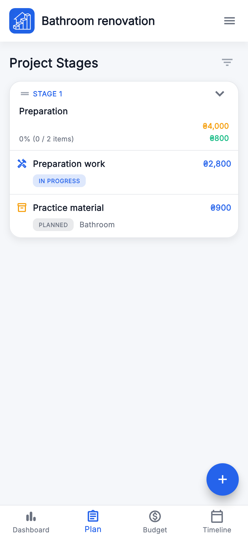 Plan: the “Preparation” stage with our work and material items.