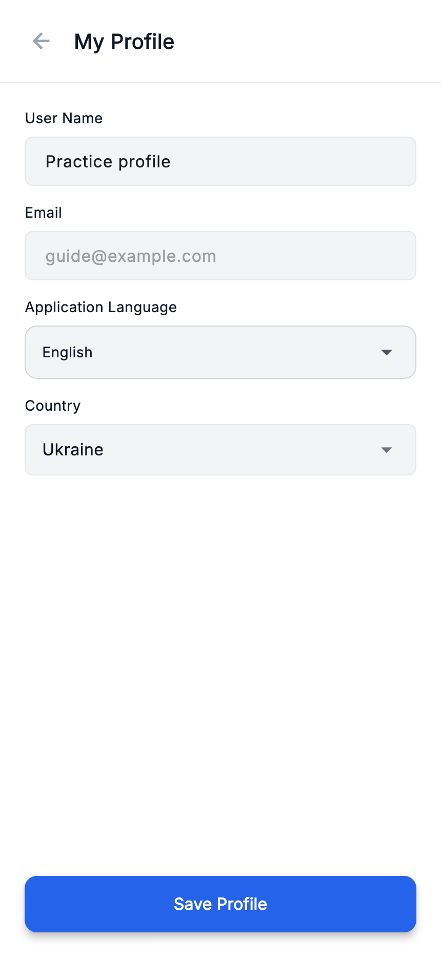 My profile: “App language” field and saving the profile.