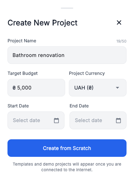 Project creation fields: name, target budget, currency and dates.