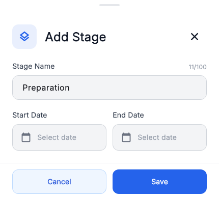 The stage form contains a name and dates, with no price field.