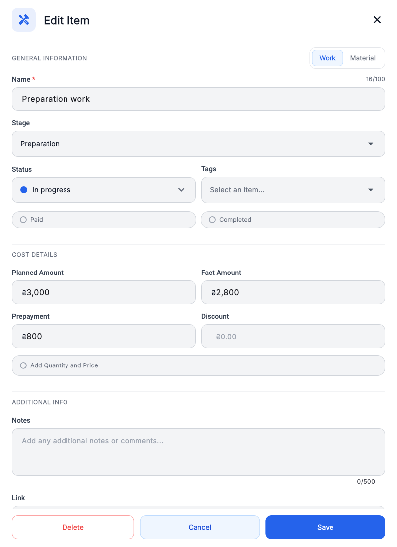 Work editing form: name, stage, status, payment and completion.