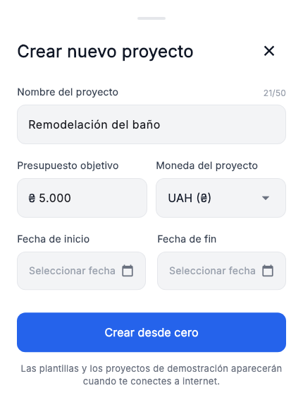 Creación de proyecto: nombre, presupuesto objetivo, moneda y fechas.