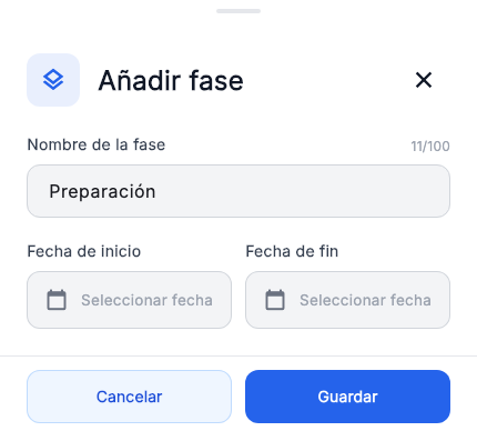 El formulario de fase tiene nombre y fechas, sin campo de precio.