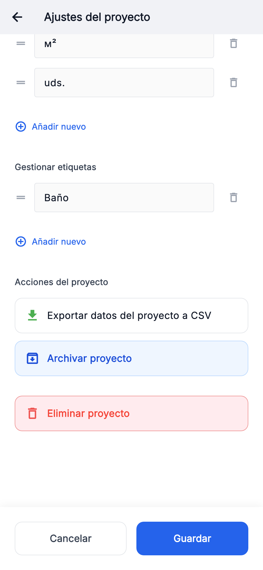 Botón de exportación CSV al final de los ajustes.