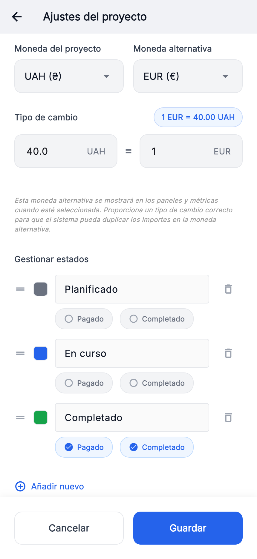 Moneda UAH, alternativa EUR. Tipo ilustrativo: 40 UAH = 1 EUR.