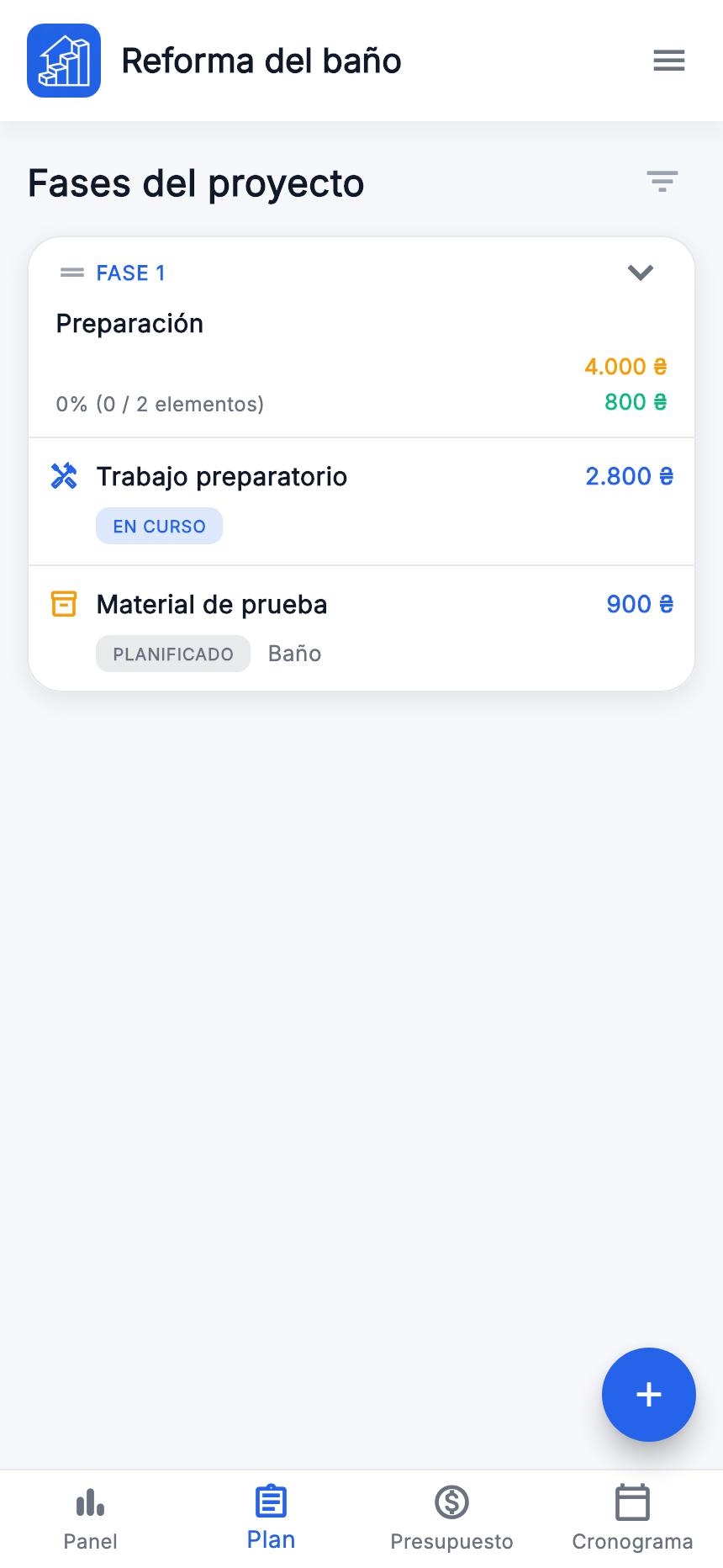 Plan: fase «Preparación» con trabajo y material del ejemplo.