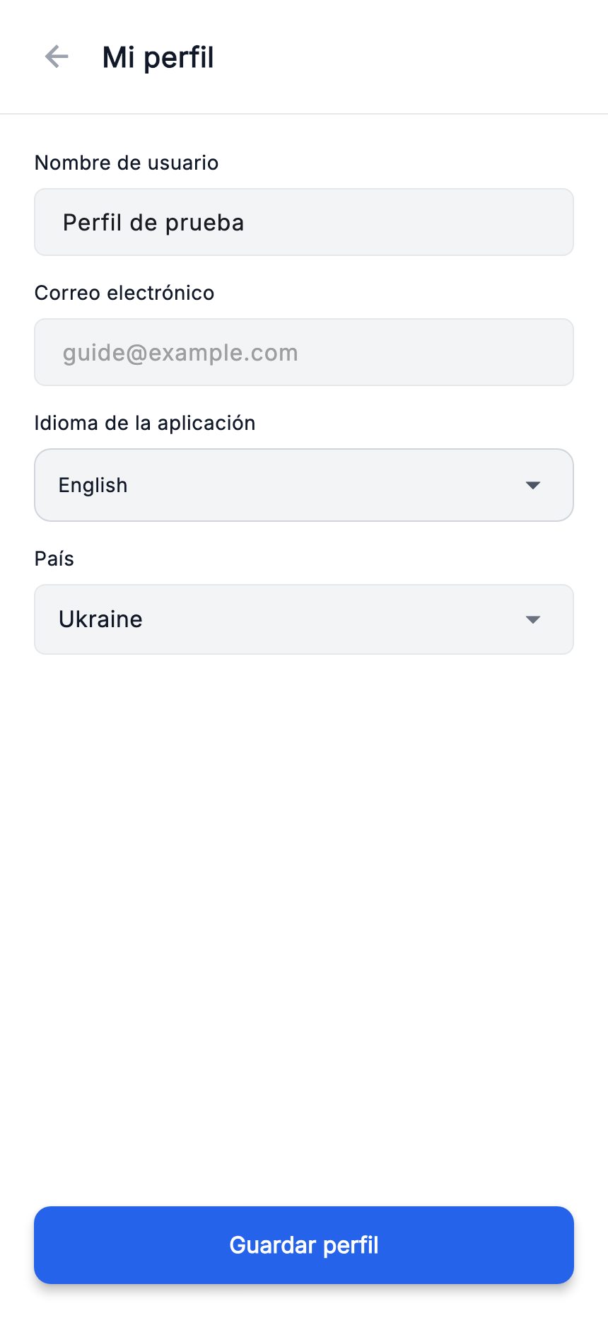 Mi perfil: idioma de la aplicación y guardado.
