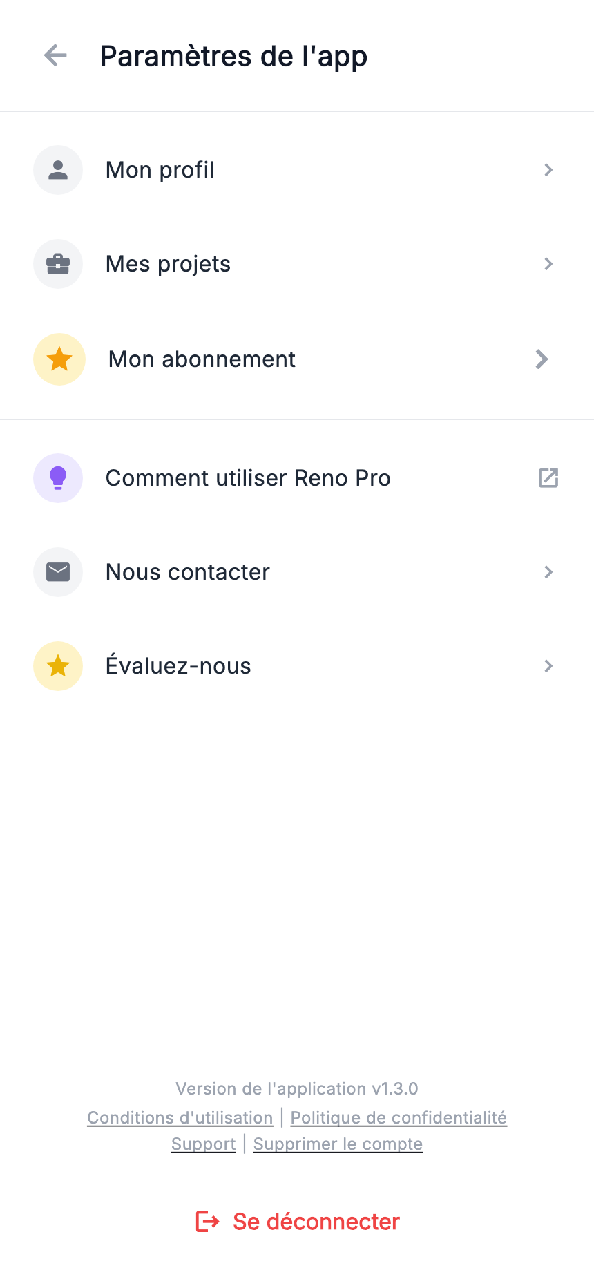 Menu : profil, projets, tutoriel, contact et avis.