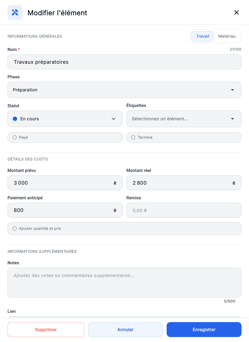 Modification du travail : nom, phase, statut, paiement et achèvement.