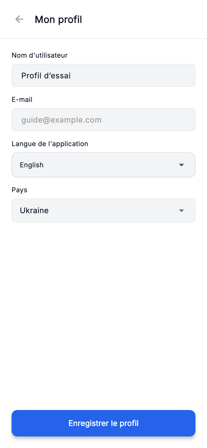Mon profil : langue de l’application et enregistrement.