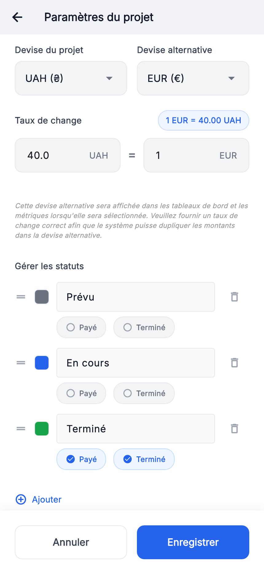 Devise principale UAH, alternative EUR ; taux fictif 40 UAH = 1 EUR.