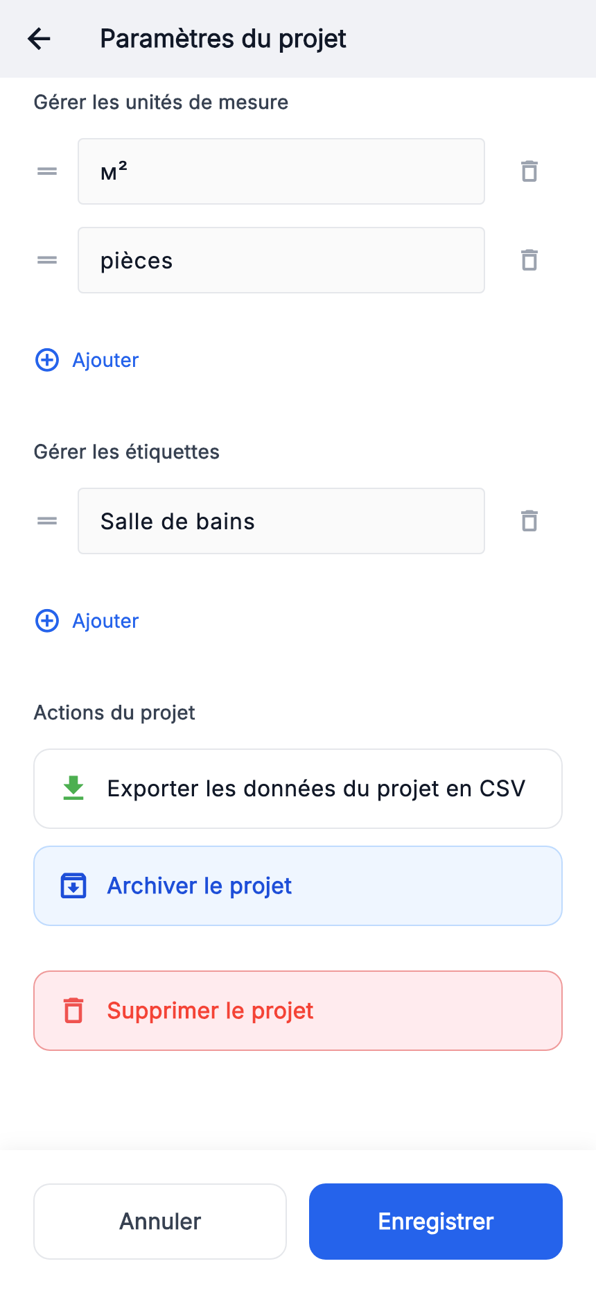 Unités du projet : « m² » et « pièces ».