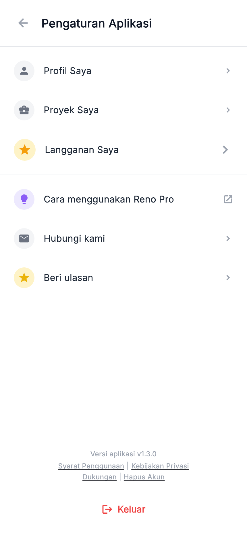 Menu aplikasi: profil, proyek, tutorial, kontak, ulasan.