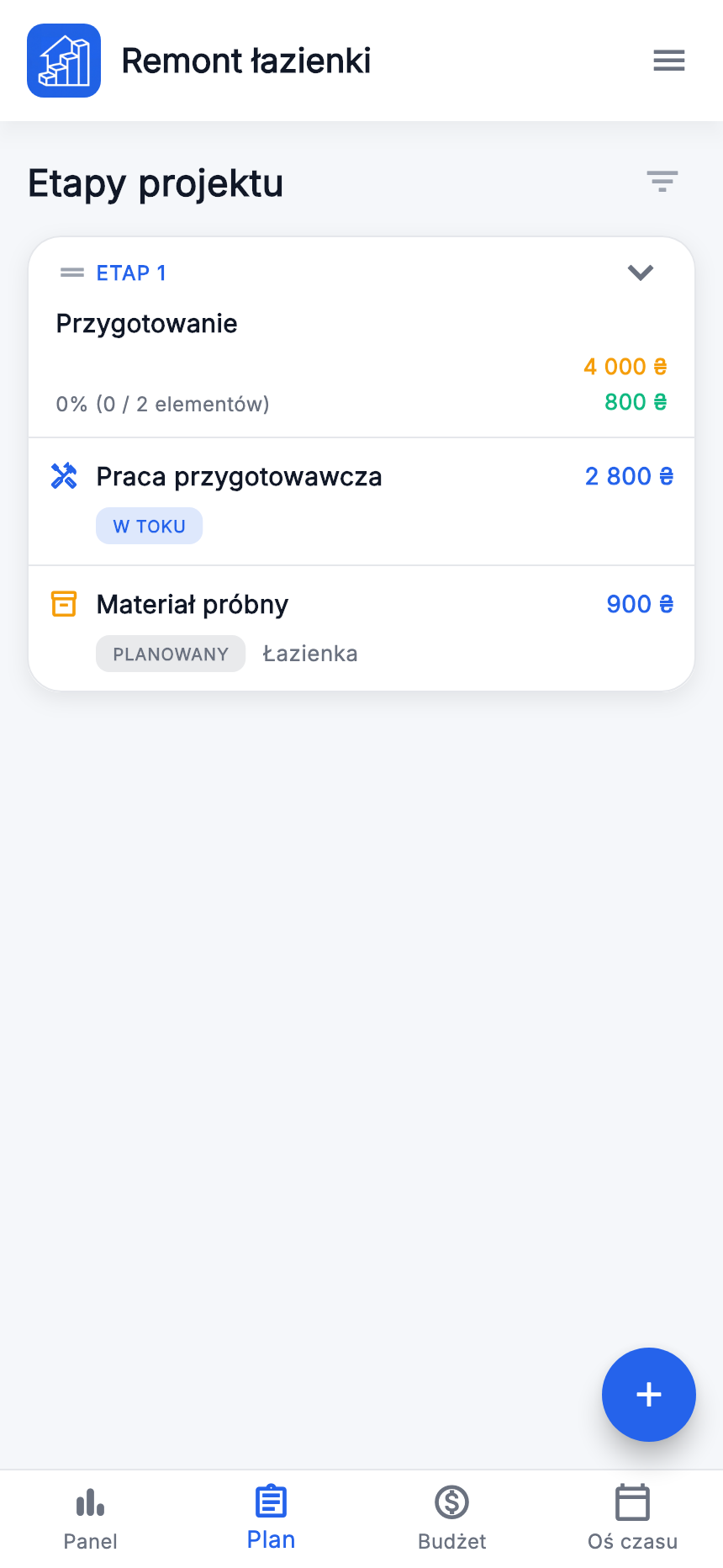 Plan: etap „Przygotowanie” z pracą i materiałem przykładu.