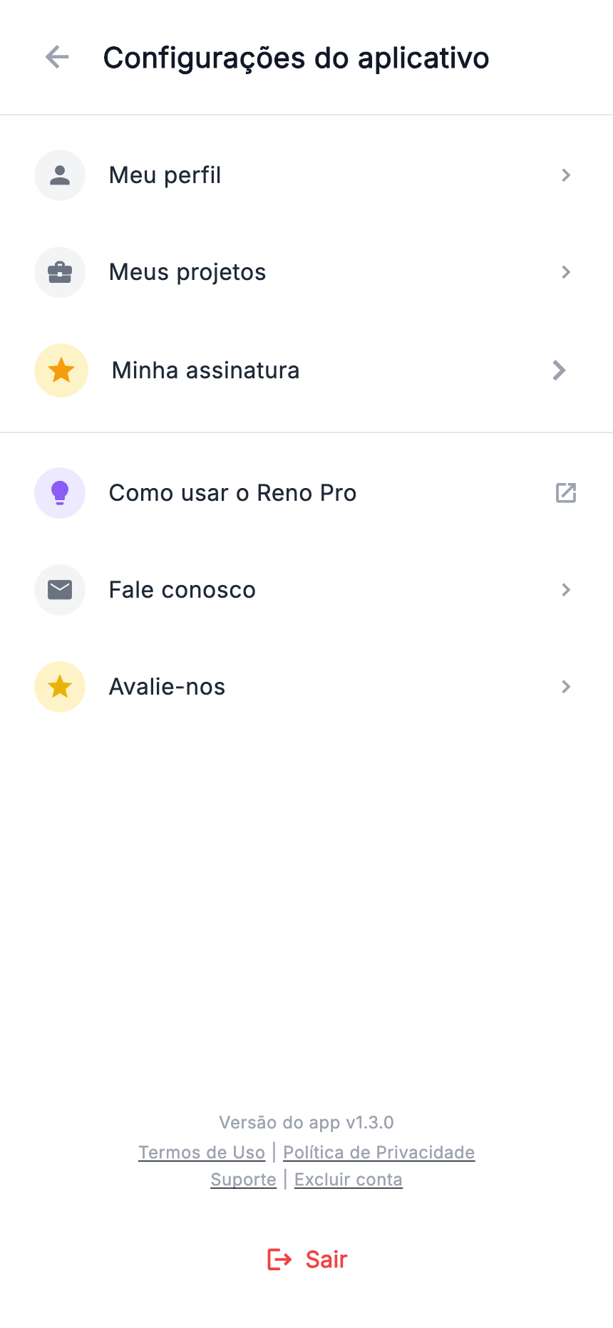 Menu: perfil, projetos, tutorial, contato e avaliações.