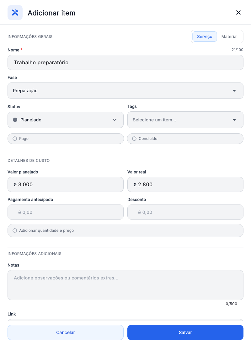 Formulário do item: serviço, fase, status e valores.