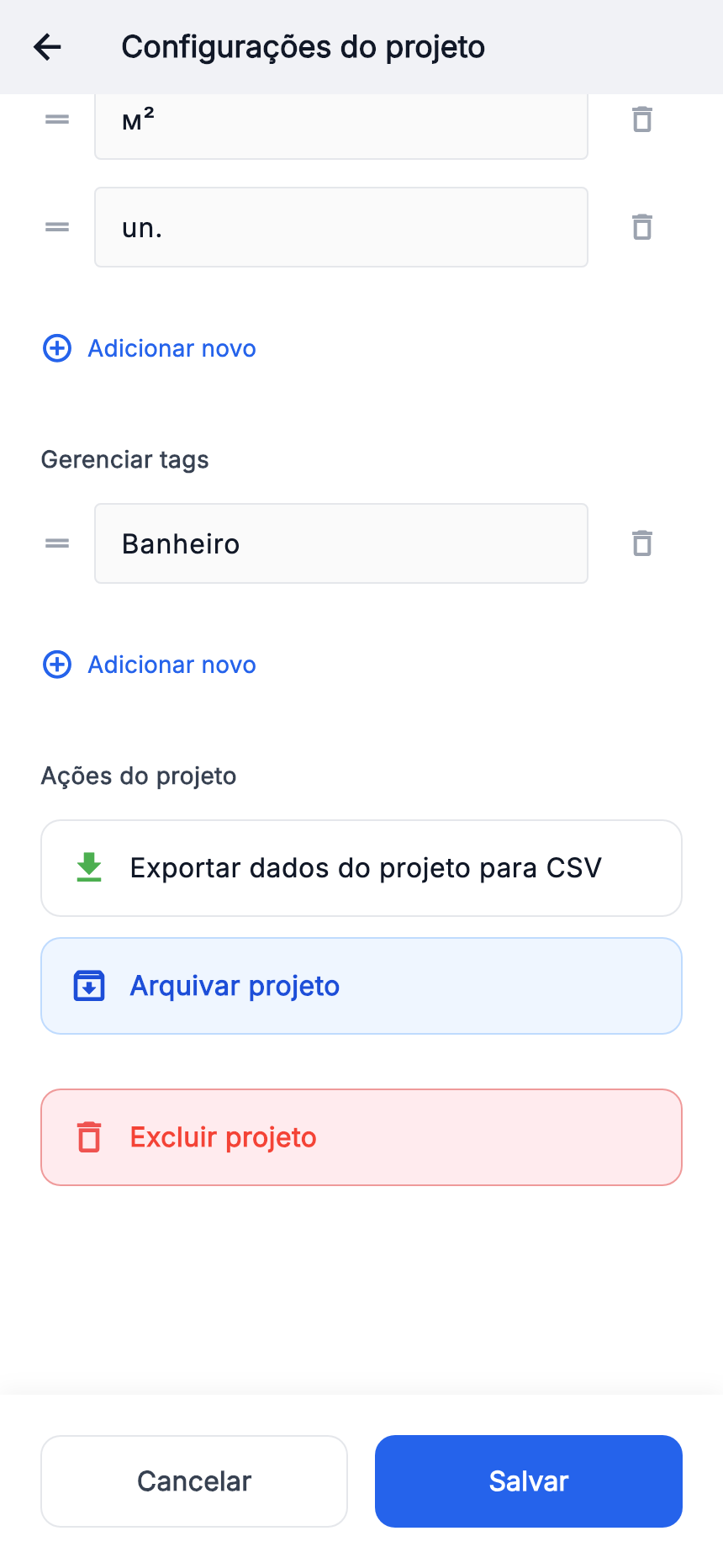 Botão de exportação CSV no final das configurações.