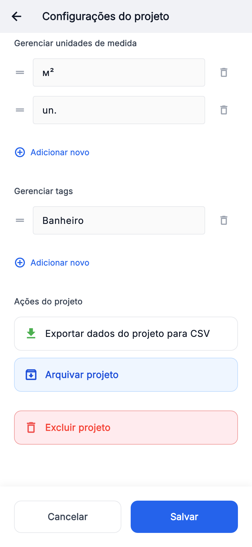 Unidades do projeto: “m²” e “un.”.