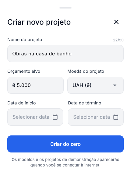 Criação do projeto: nome, orçamento alvo, moeda e datas.