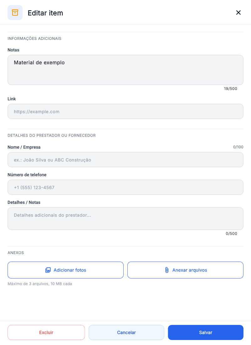 Parte inferior: prestador e botões para fotos e ficheiros.