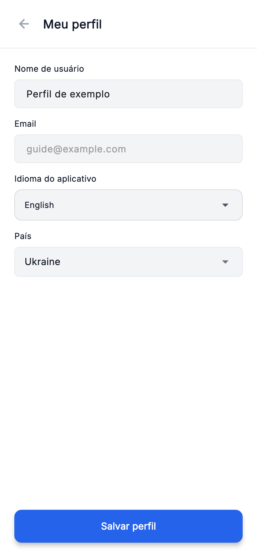 O meu perfil: idioma do aplicação e gravação.