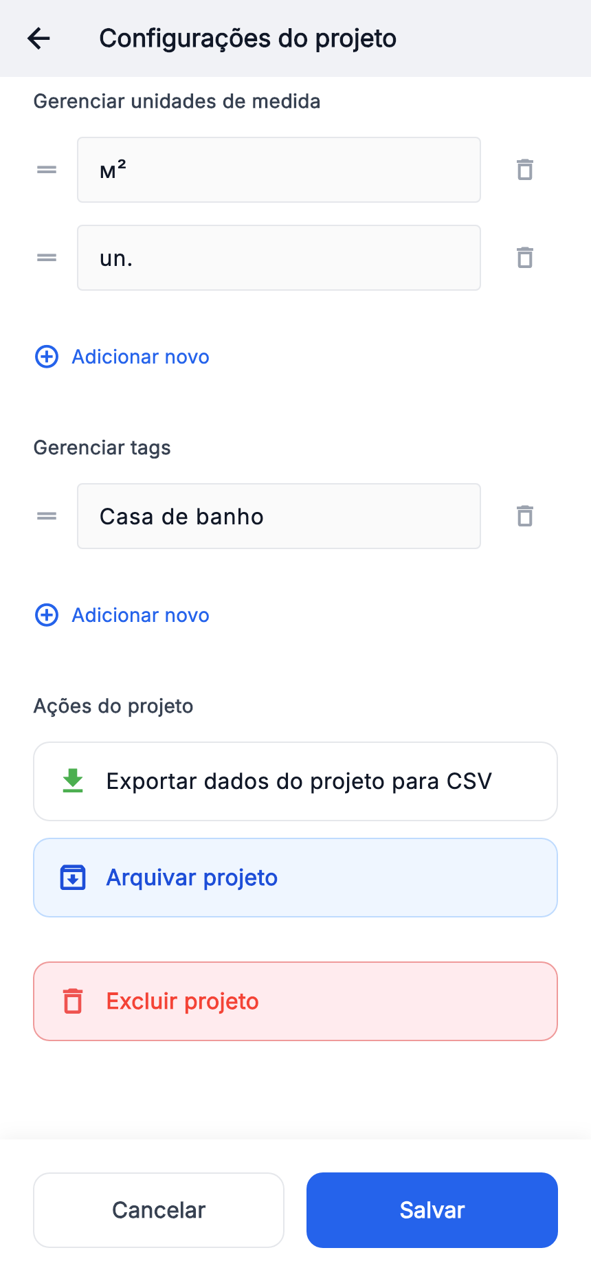 Unidades do projeto: “m²” e “un.”.