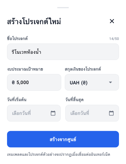 ช่องสร้างโครงการ: ชื่อ งบเป้าหมาย สกุลเงิน และวันที่