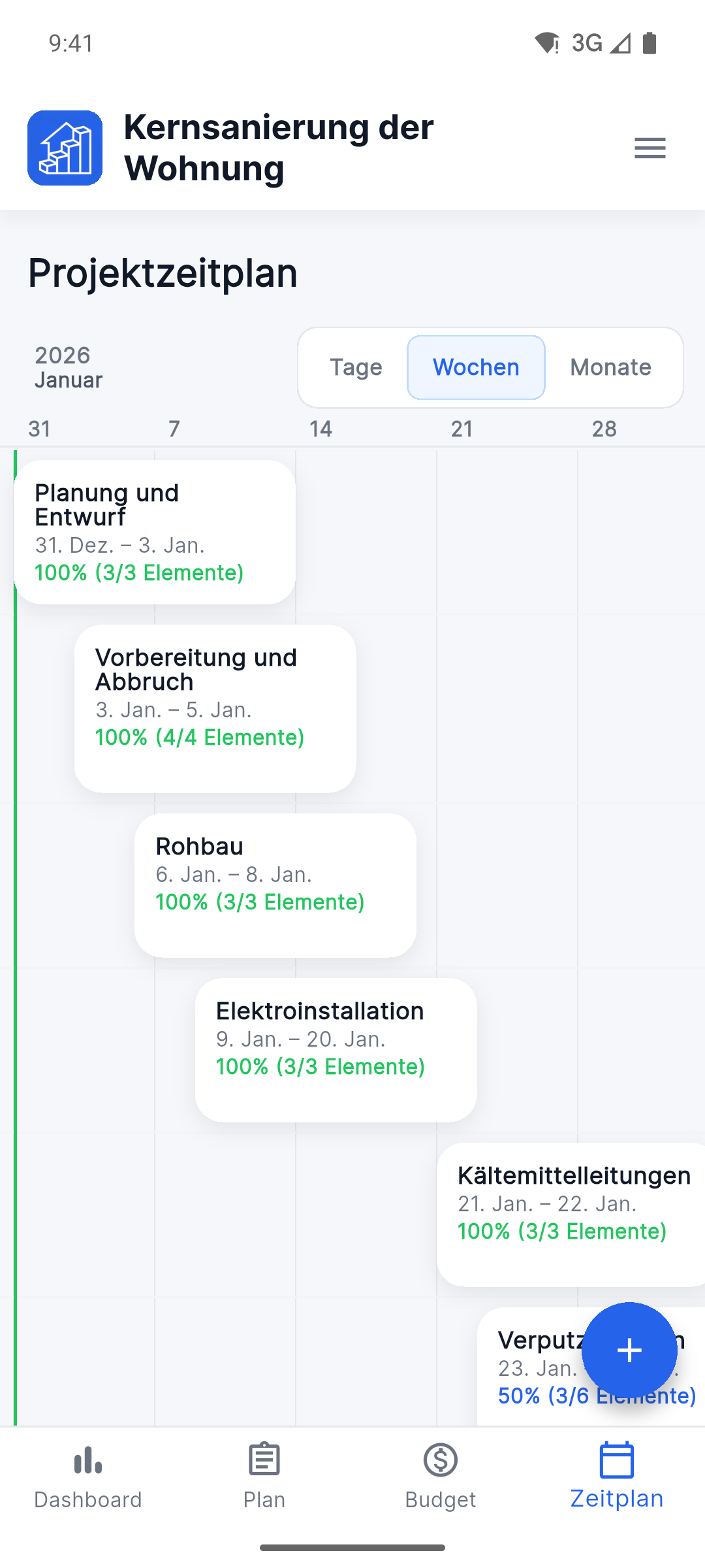 Reno Pro Android project timeline with stages and completion progress