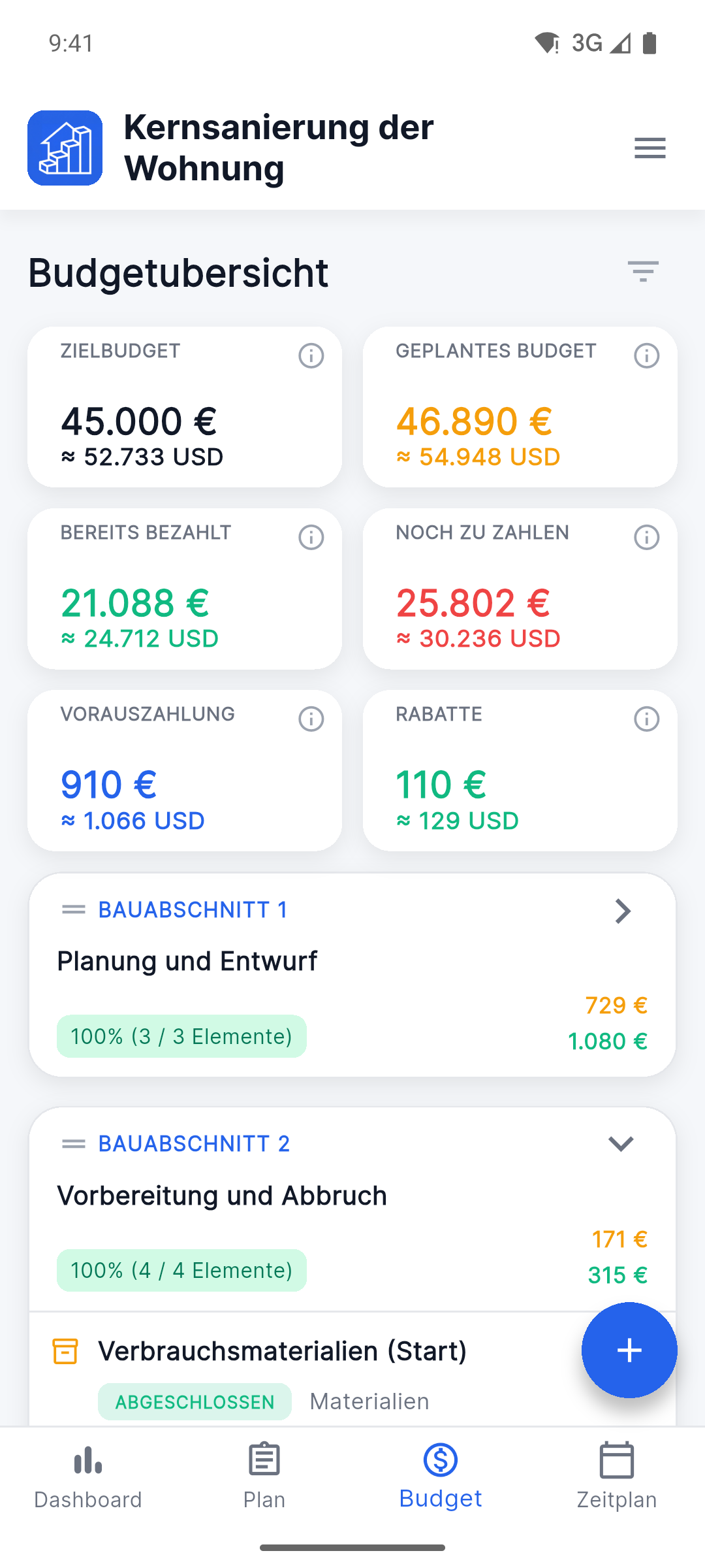 Reno Pro Android budget tracker with planned, paid and remaining costs in two currencies