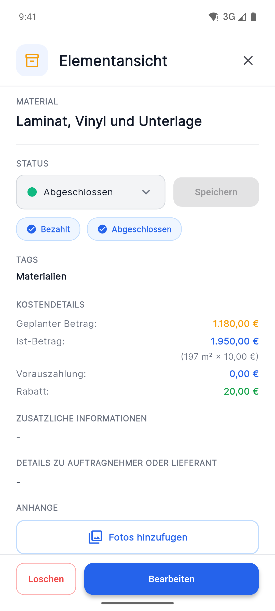Reno Pro Android item details with status, planned versus actual costs and Attach Photos button