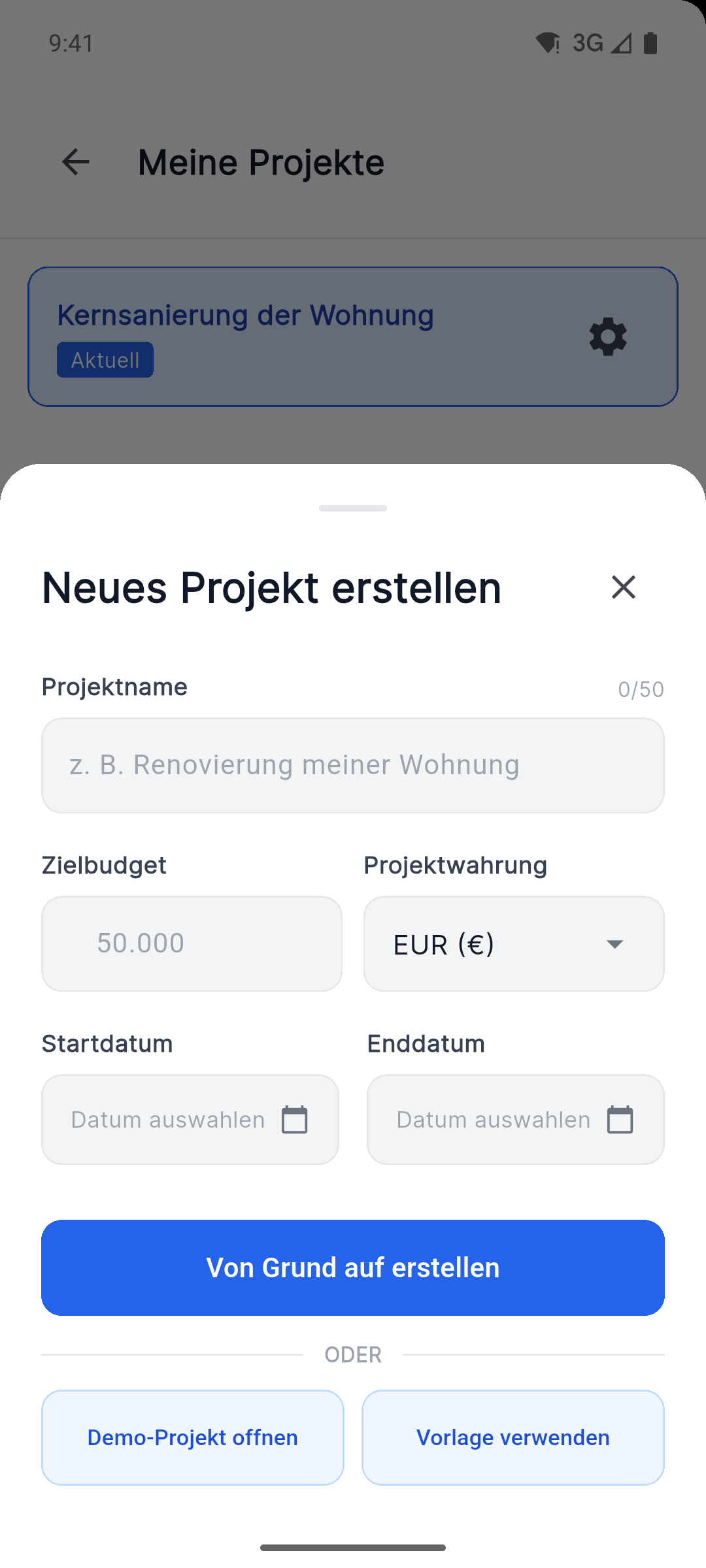 Reno Pro Android create project screen with currency, dates, demo project and template options