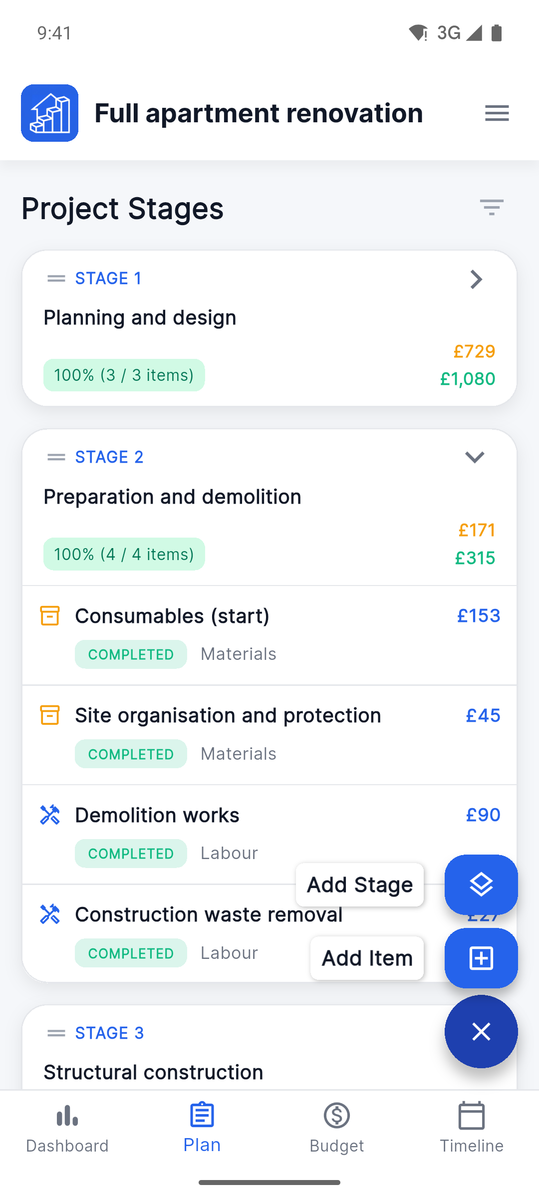Reno Pro Android project plan with stages and work items