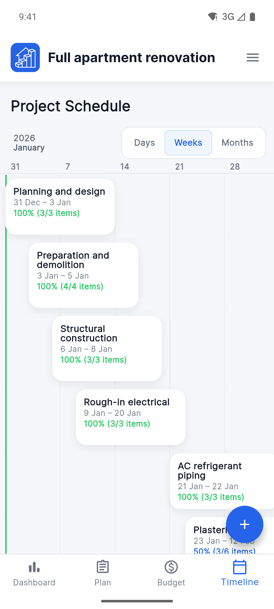 Reno Pro Android project timeline with stages and completion progress