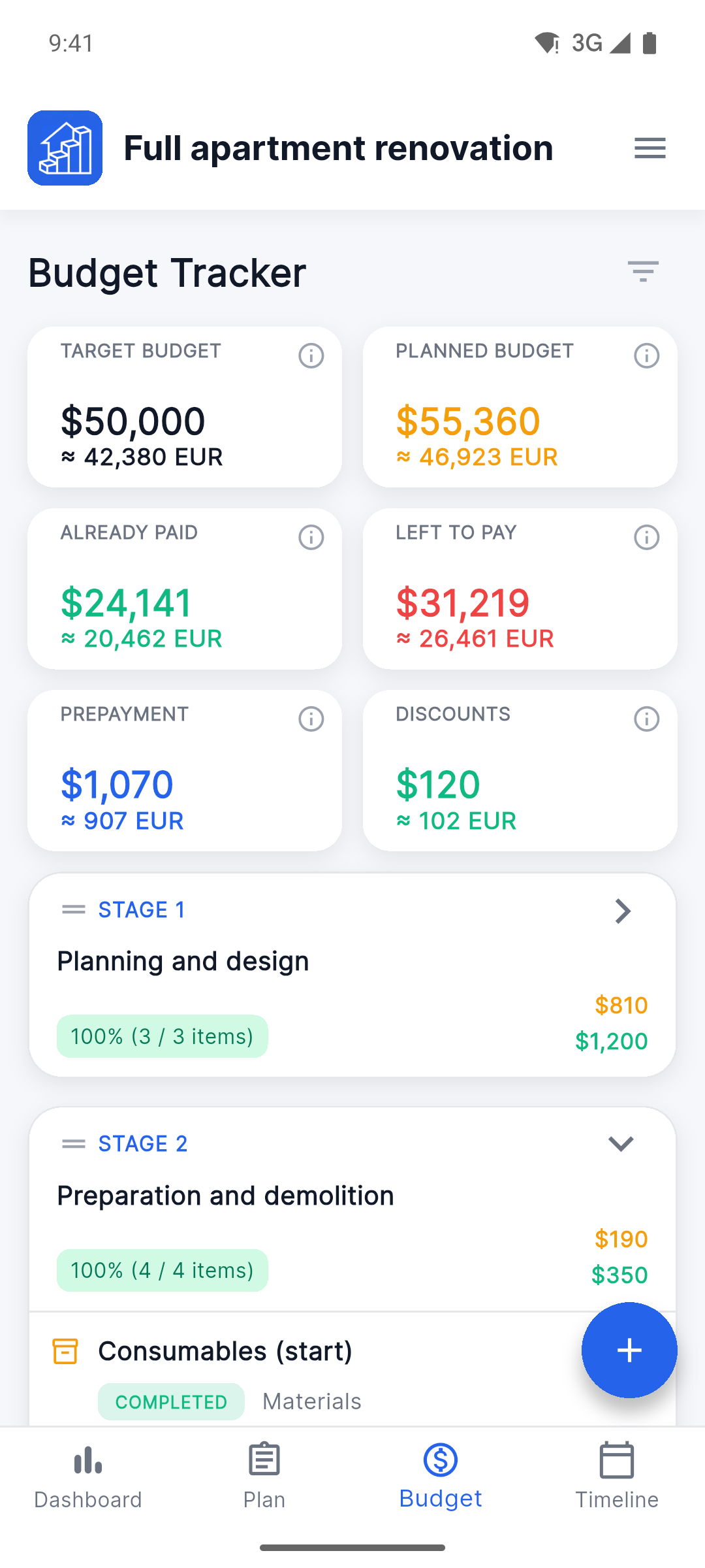 Reno Pro Android budget tracker with planned, paid and remaining costs in two currencies