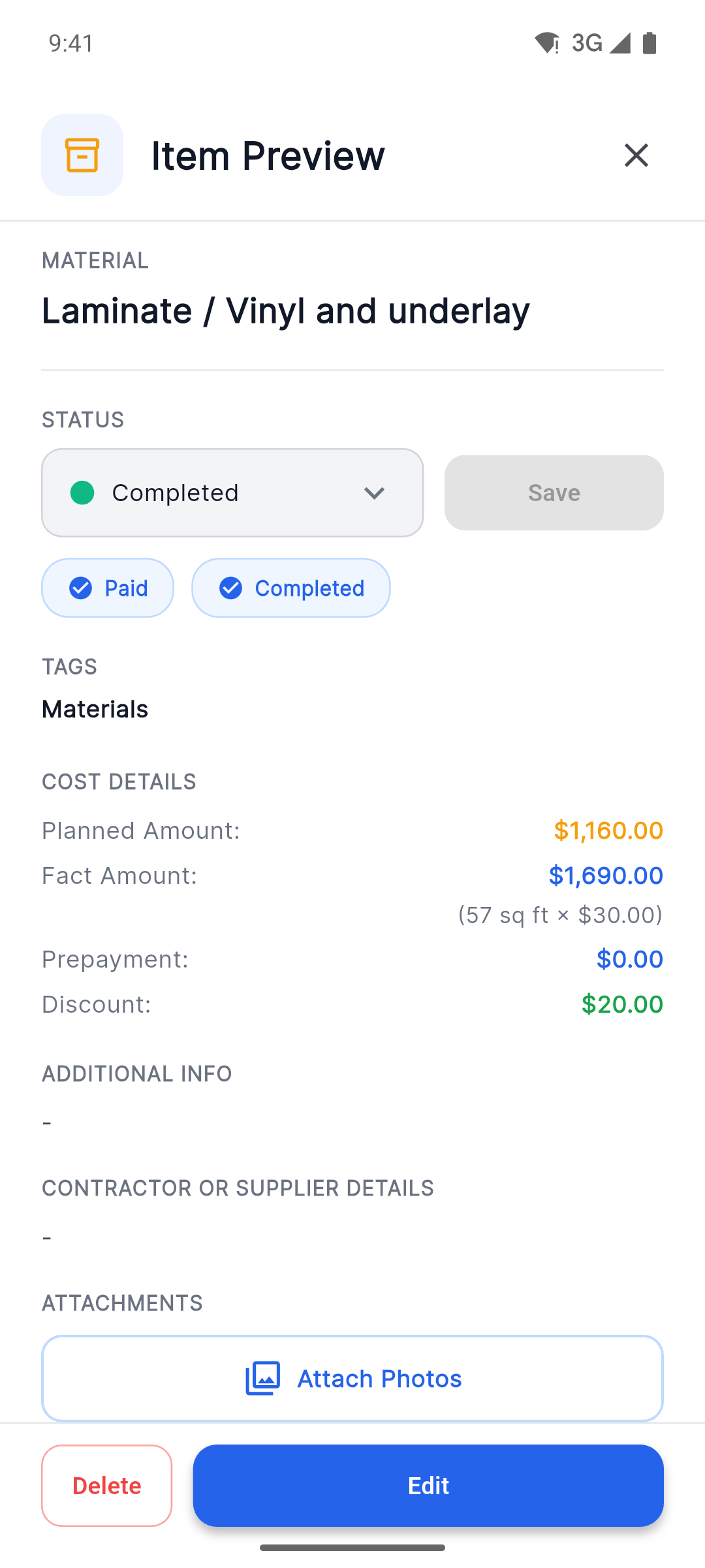 Reno Pro Android item details with status, planned versus actual costs and Attach Photos button