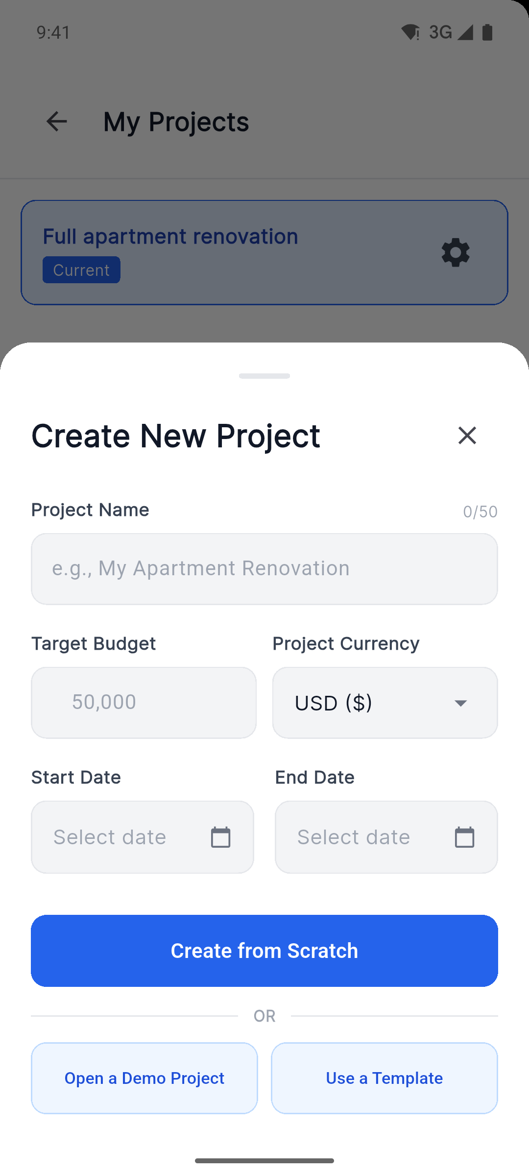 Reno Pro Android create project screen with currency, dates, demo project and template options