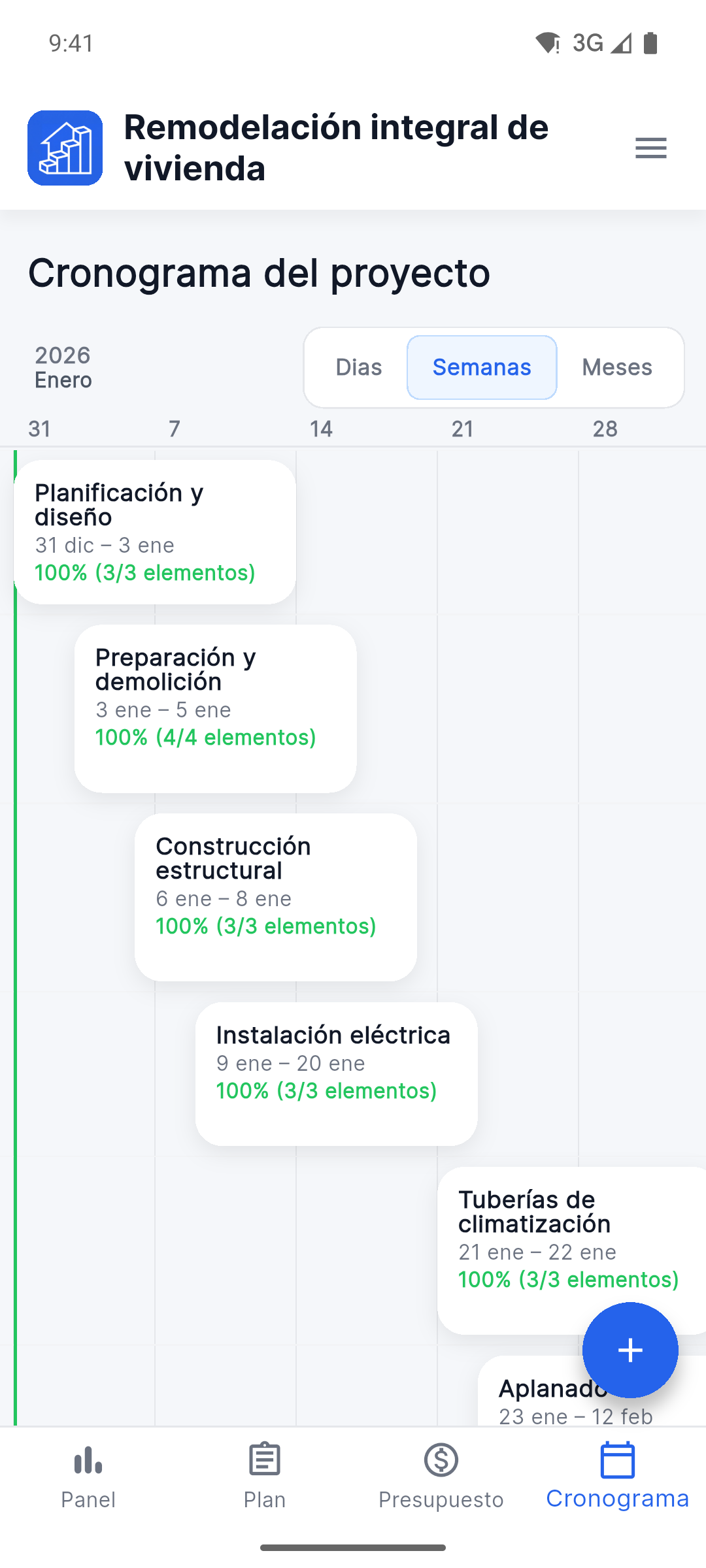Reno Pro Android project timeline with stages and completion progress