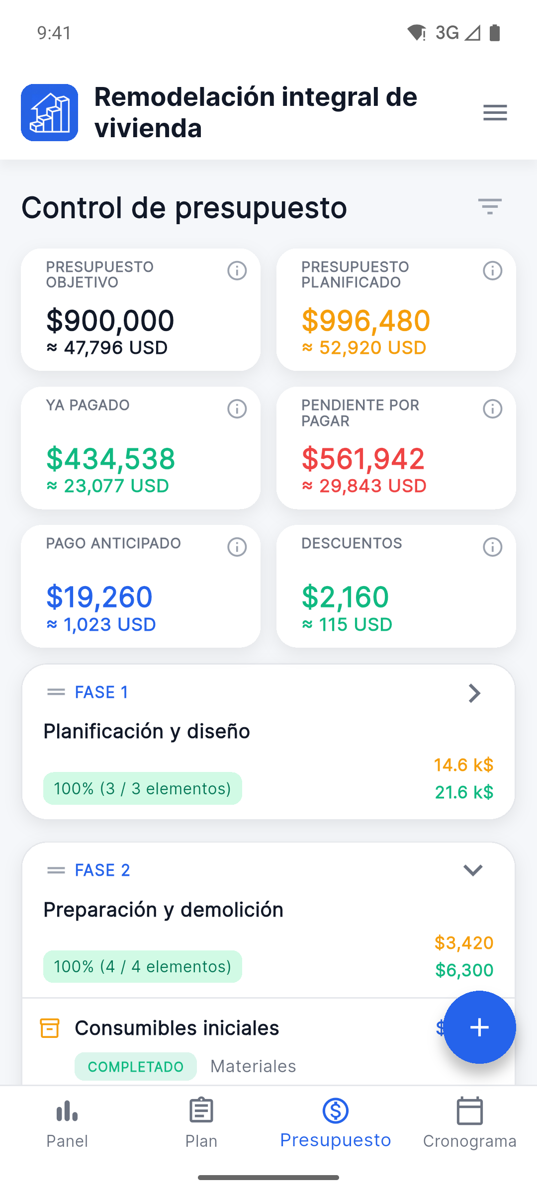 Reno Pro Android budget tracker with planned, paid and remaining costs in two currencies