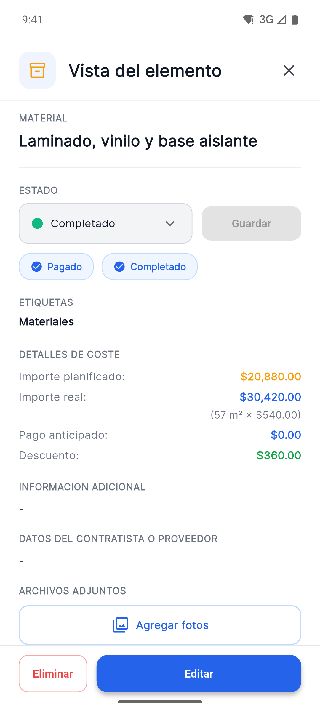 Reno Pro Android item details with status, planned versus actual costs and Attach Photos button