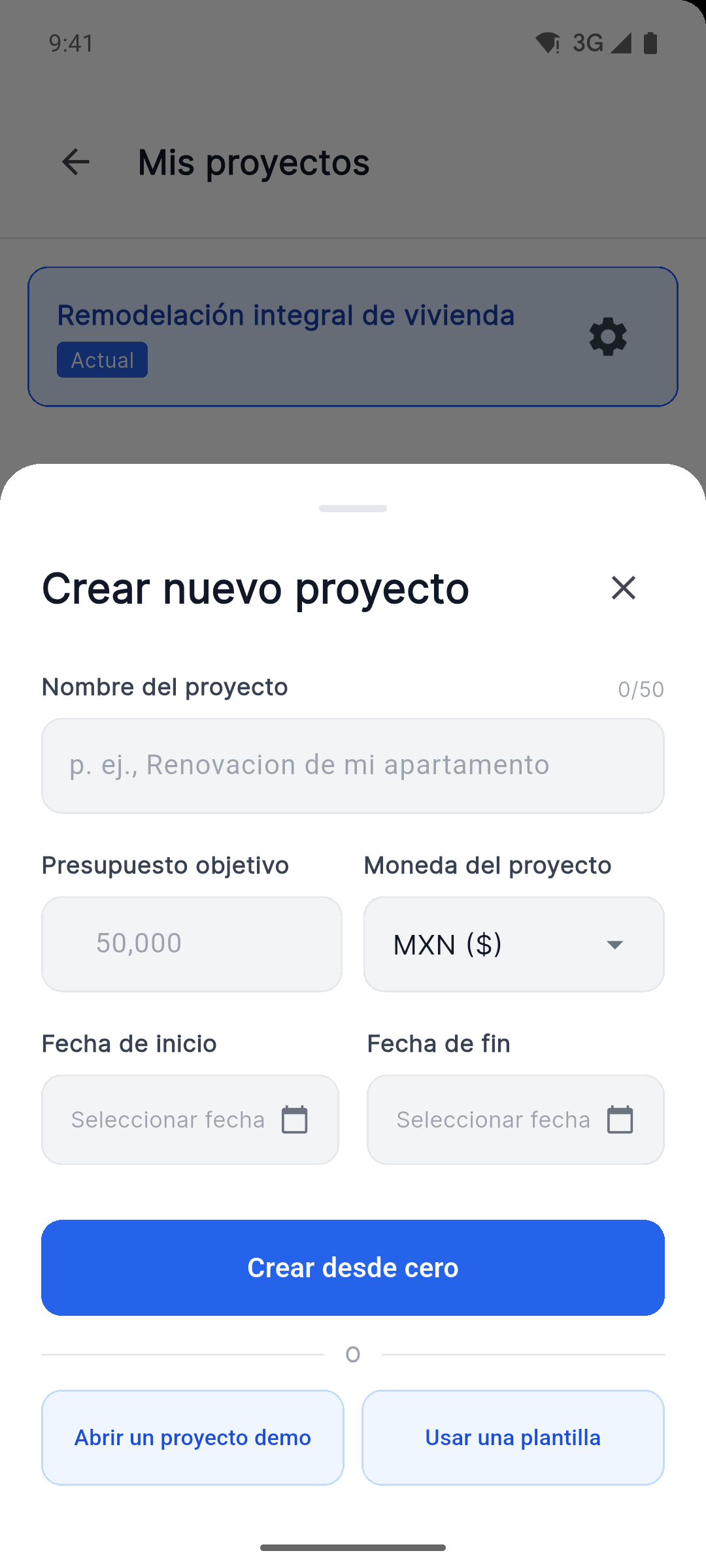 Reno Pro Android create project screen with currency, dates, demo project and template options