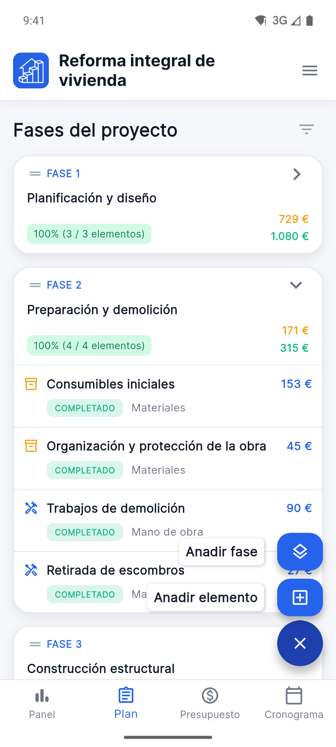 Reno Pro Android project plan with stages and work items
