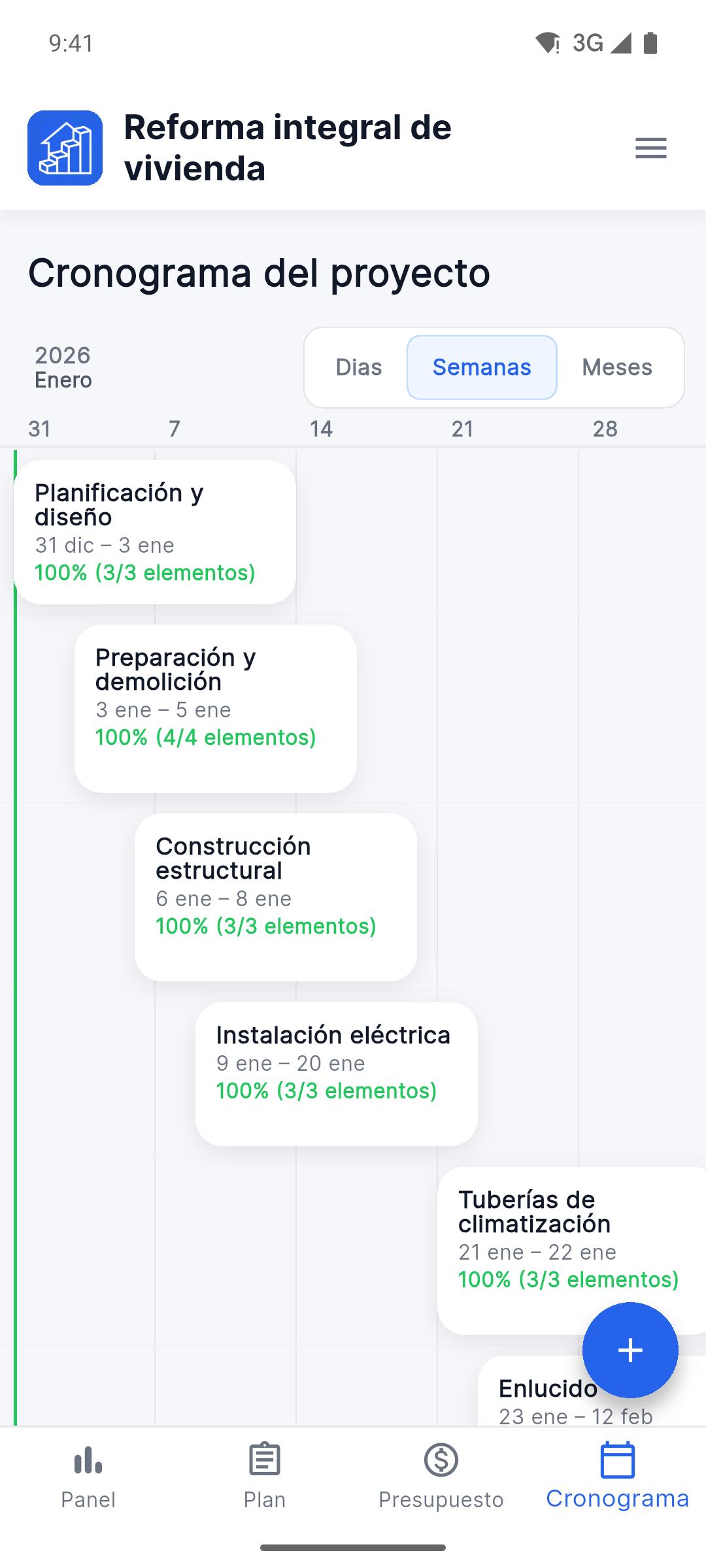 Reno Pro Android project timeline with stages and completion progress