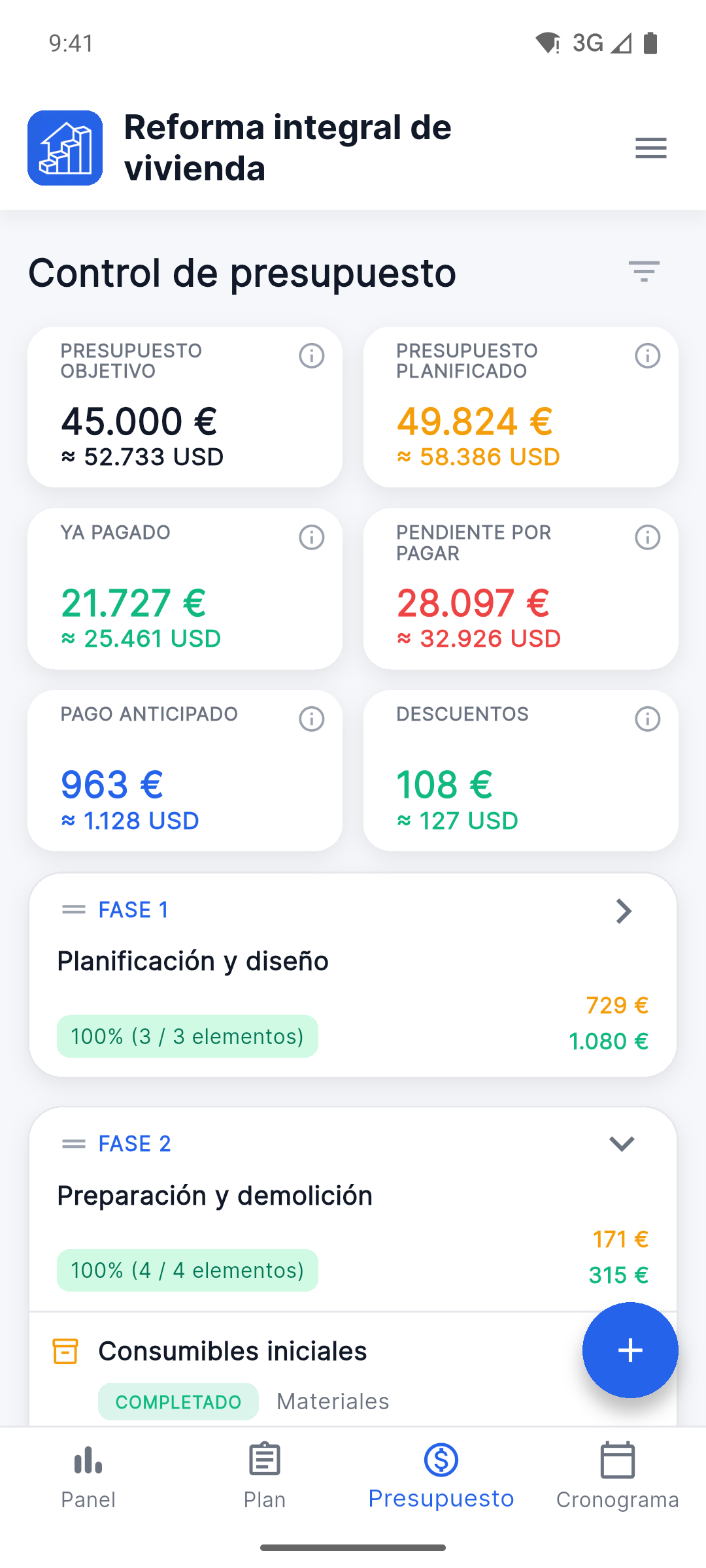 Reno Pro Android budget tracker with planned, paid and remaining costs in two currencies