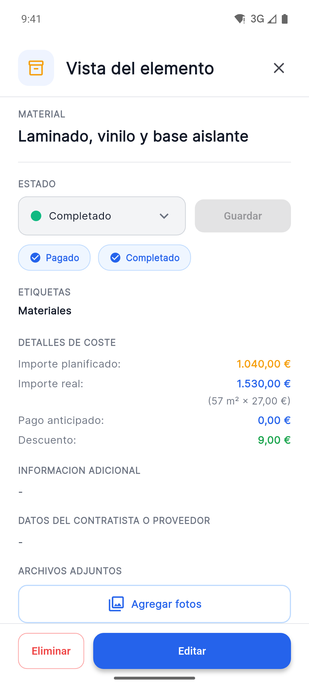 Reno Pro Android item details with status, planned versus actual costs and Attach Photos button