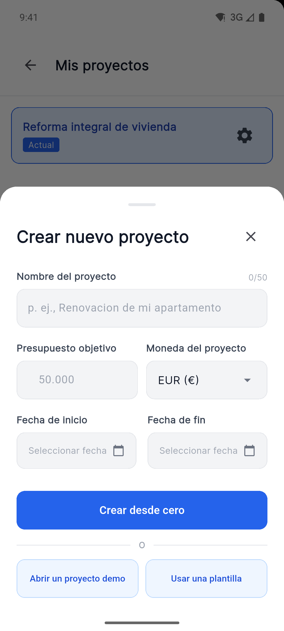 Reno Pro Android create project screen with currency, dates, demo project and template options