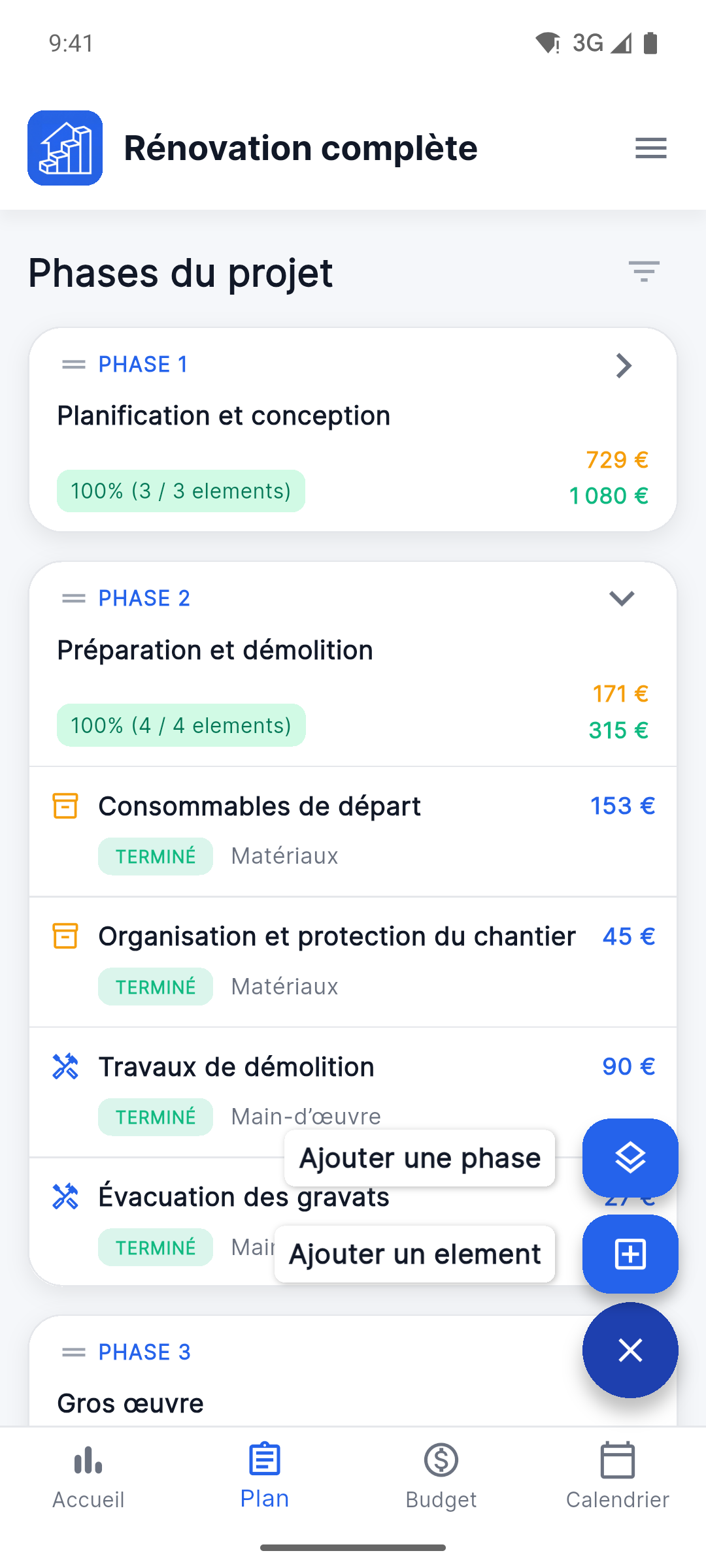 Reno Pro Android project plan with stages and work items