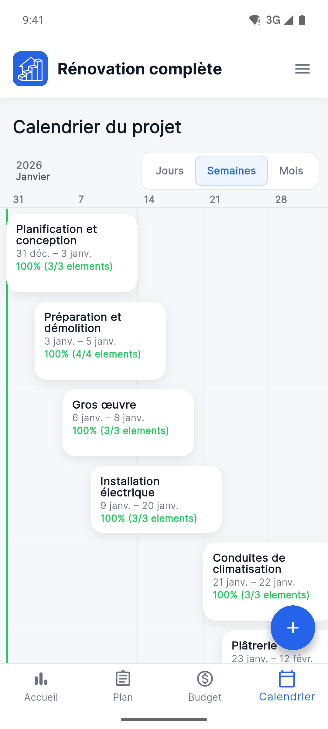Reno Pro Android project timeline with stages and completion progress