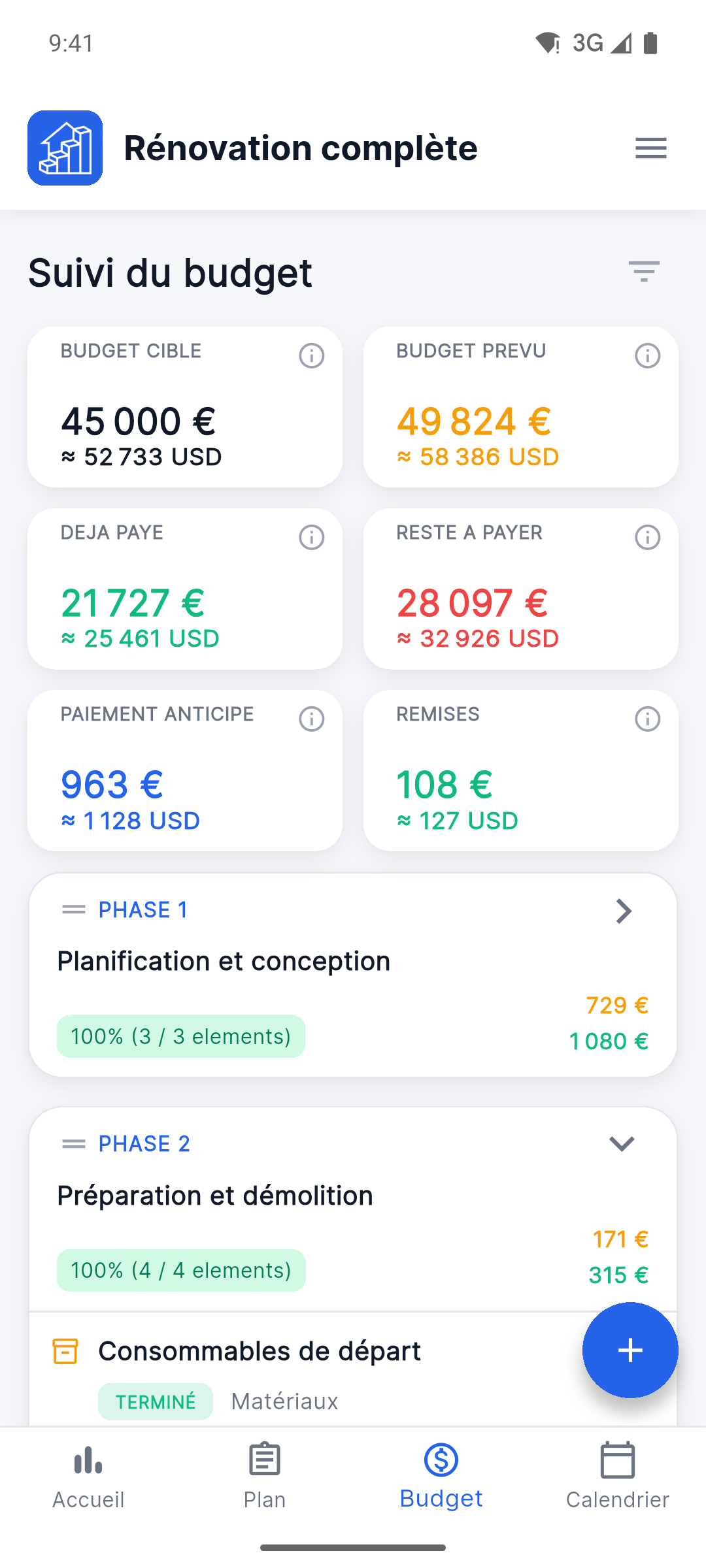Reno Pro Android budget tracker with planned, paid and remaining costs in two currencies
