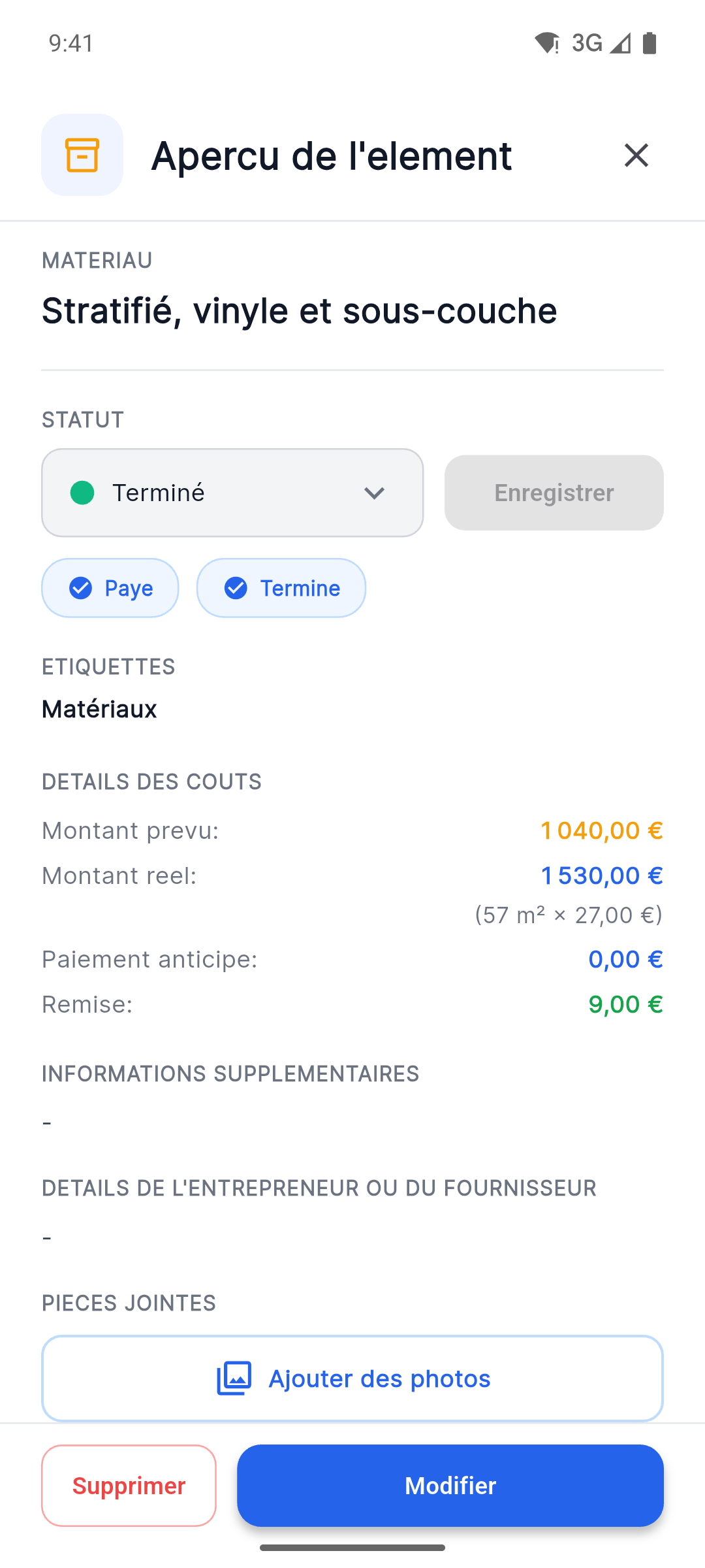 Reno Pro Android item details with status, planned versus actual costs and Attach Photos button